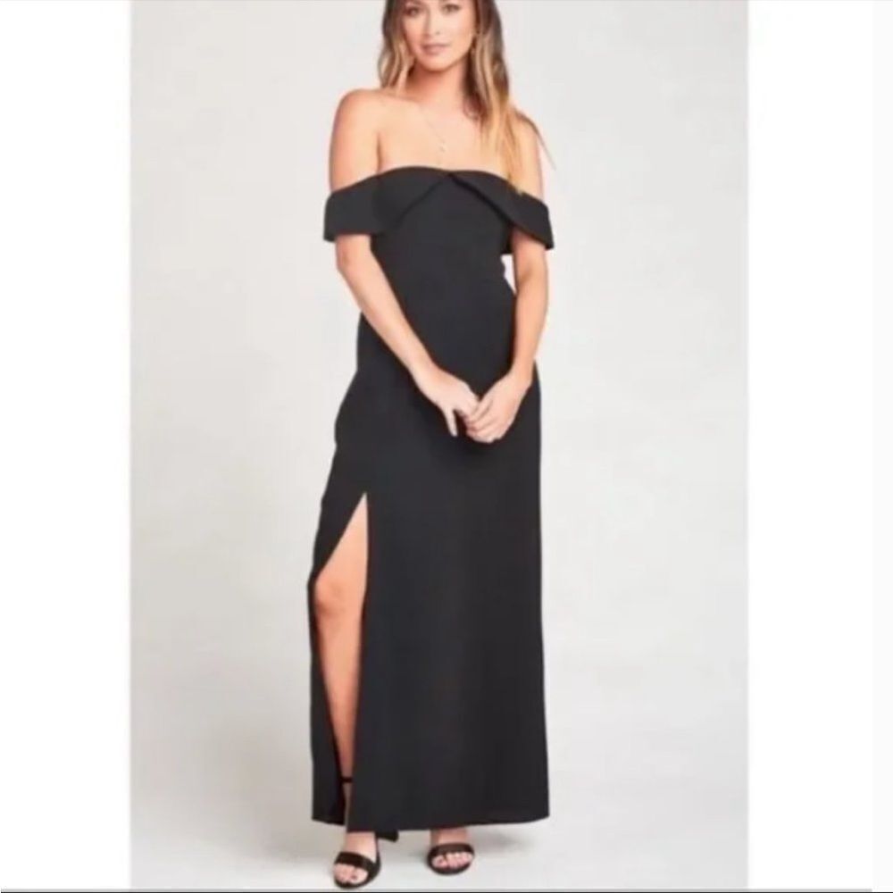 Show me your mumu upton off shoulder solid black high slit‎ maxi dress xxs